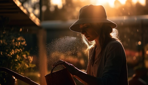 Una mujer con sombrero está limpiando una mesa de jardín con un balde de agua.