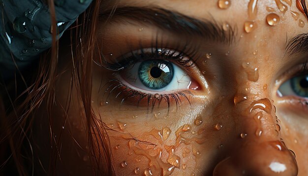 Foto gratuita mujer sonriente cabello húmedo ojos azules que reflejan la belleza de la gota de lluvia generada por la inteligencia artificial