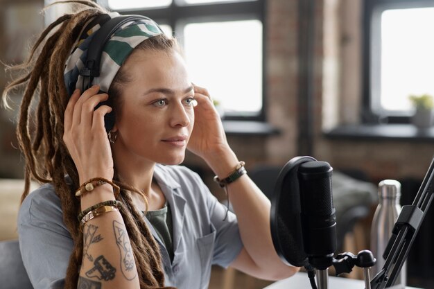 Mujer sonriente grabando podcast plano medio