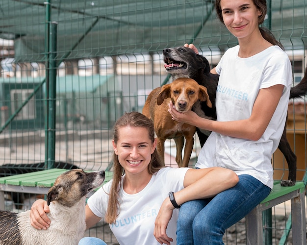 Mujer sonriente pasar tiempo con lindos perros de rescate en el refugio
