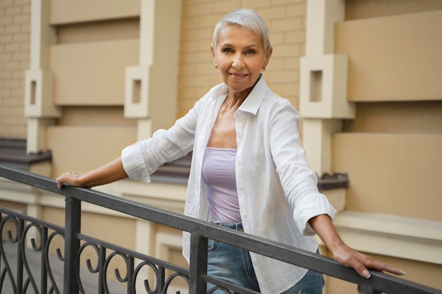 Mujer sonriente posando al aire libre tiro medio