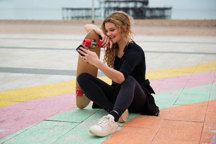 Foto gratuito mujer sonriente de tiro completo con patineta