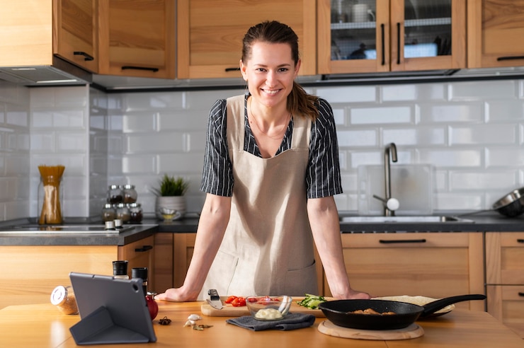 Foto gratuito mujer sonriente de tiro medio en la cocina