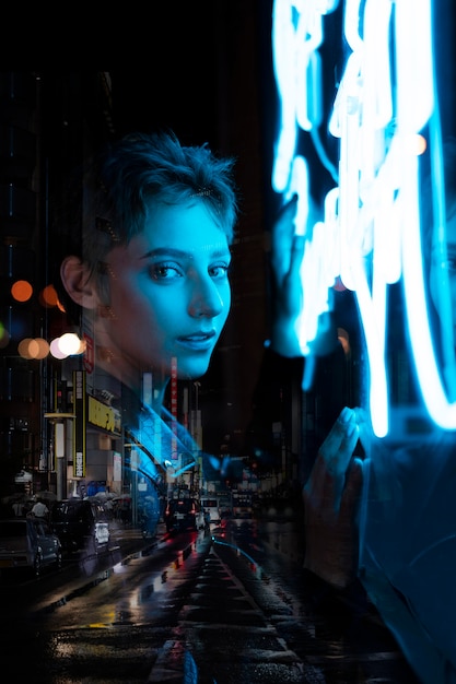 Foto gratuita mujer sonriente de tiro medio y doble exposición de la ciudad.