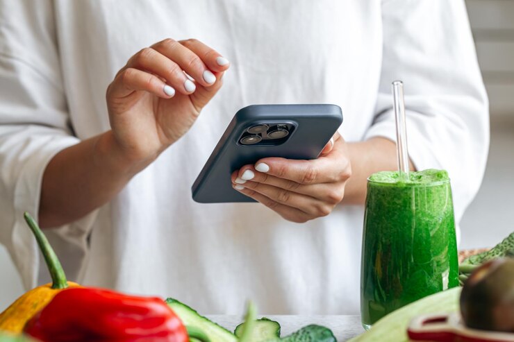 Foto gratuito una mujer sosteniendo un batido de desintoxicación verde y usando una aplicación de nutrición en un teléfono inteligente