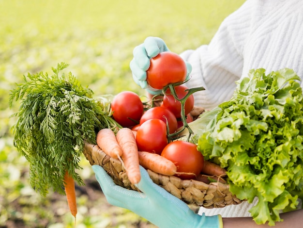 Mujer sosteniendo una cesta llena de primer plano de verduras