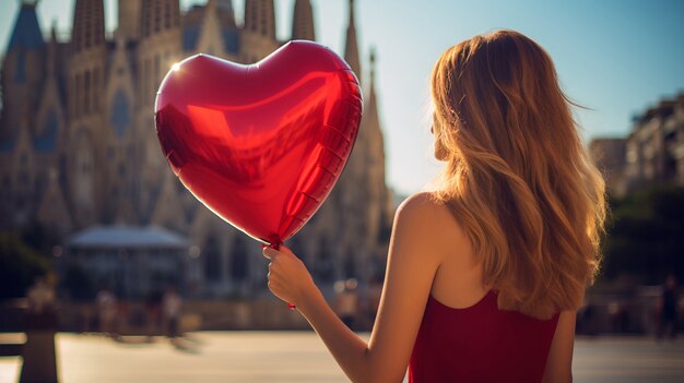 Mujer sosteniendo globo de corazón rojo