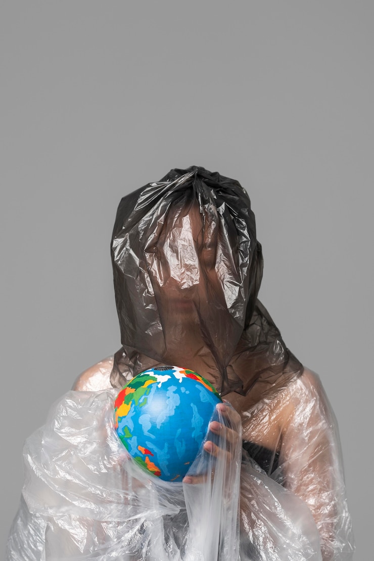 Foto gratuito mujer sosteniendo un globo terráqueo mientras está cubierto de plástico