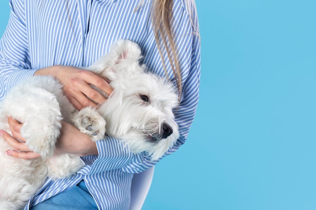 Mujer sosteniendo su lindo perro