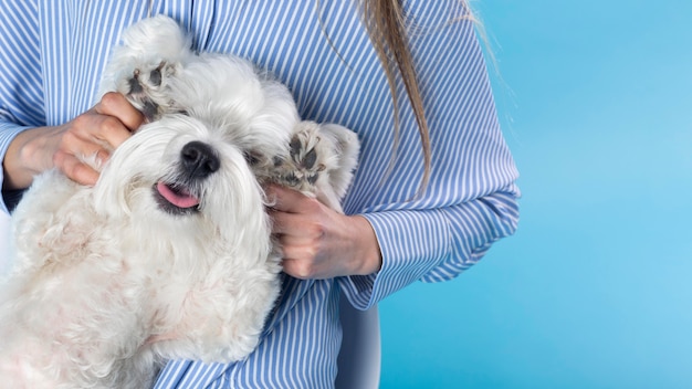 Foto gratuita mujer sosteniendo su lindo perro