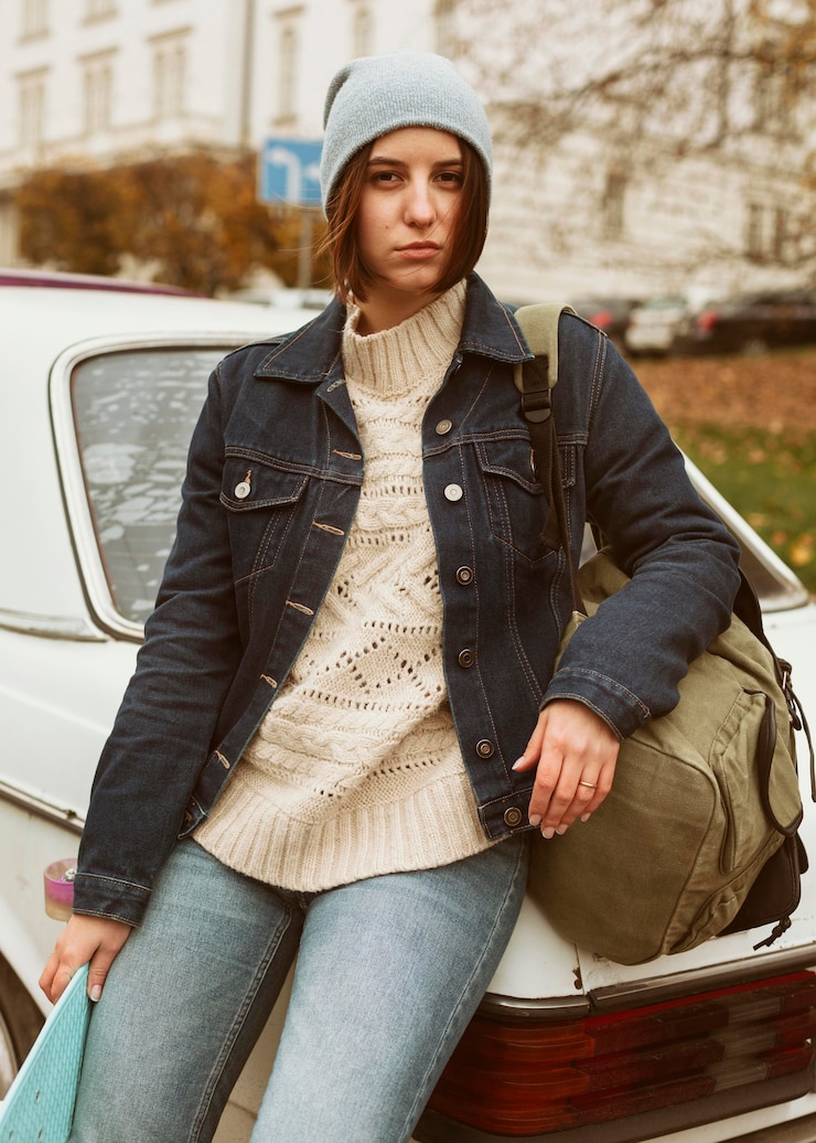 Foto gratuito mujer sosteniendo su patineta mientras está sentado en el coche