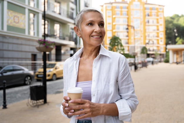 Mujer sosteniendo una taza de tiro medio