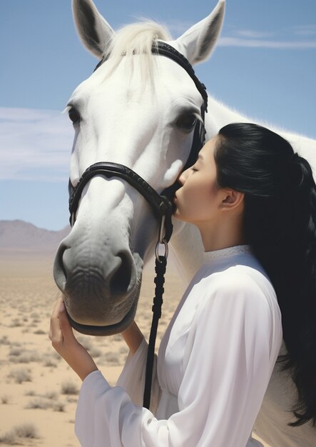Mujer con su caballo al aire libre