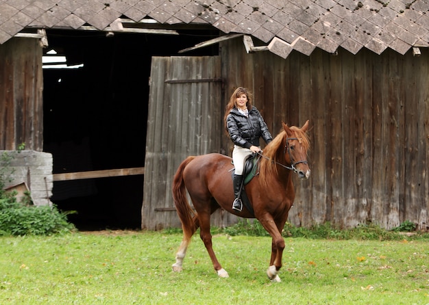 Mujer y su caballo marrón