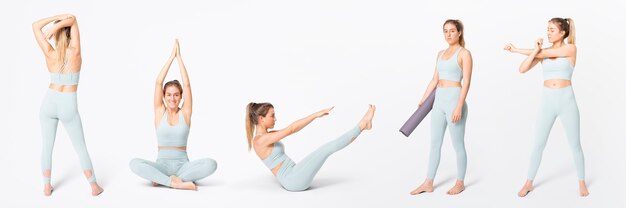 Mujer en sujetador deportivo de yoga azul y conjunto de leggings