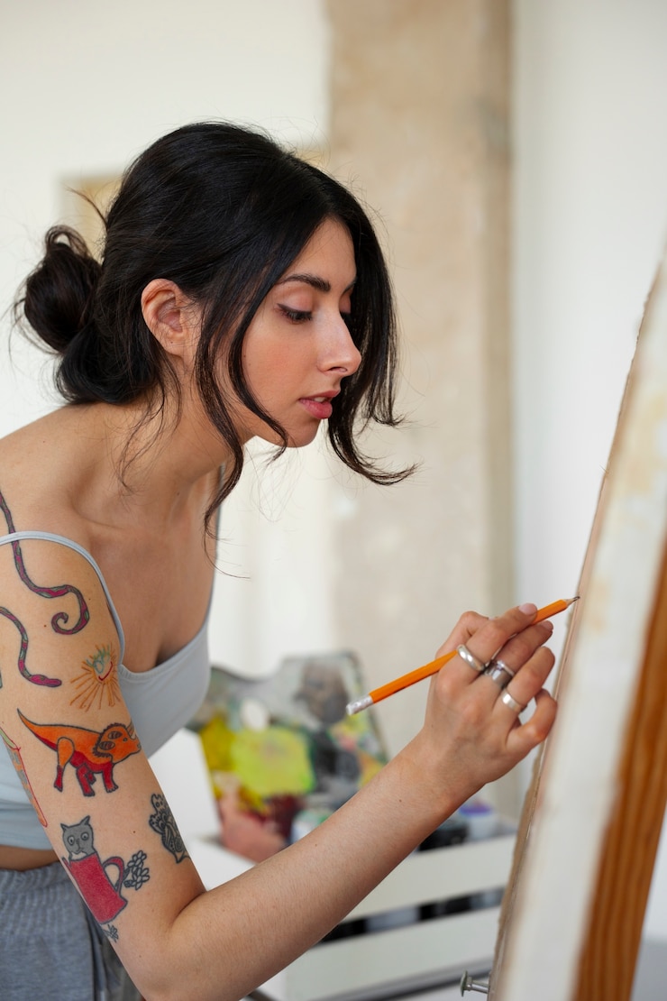 Foto gratuito mujer sin sujetador trabajando en interiores