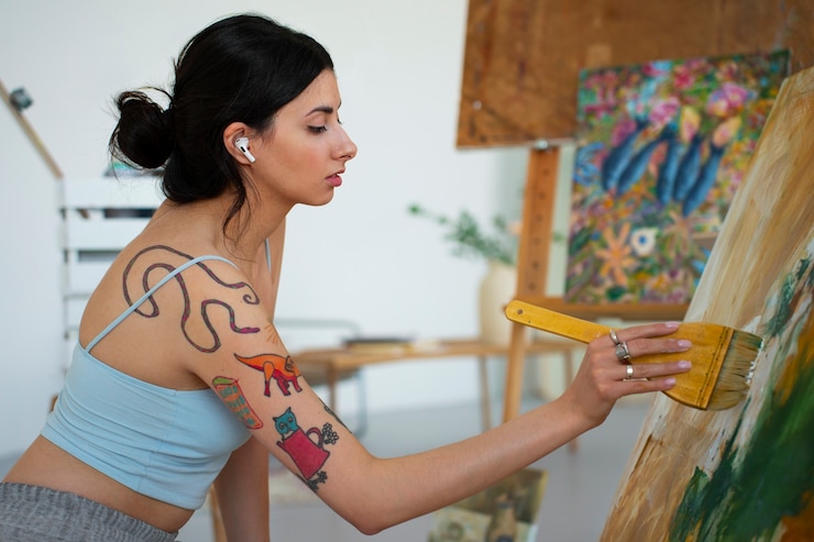 Foto gratuito mujer sin sujetador trabajando en interiores