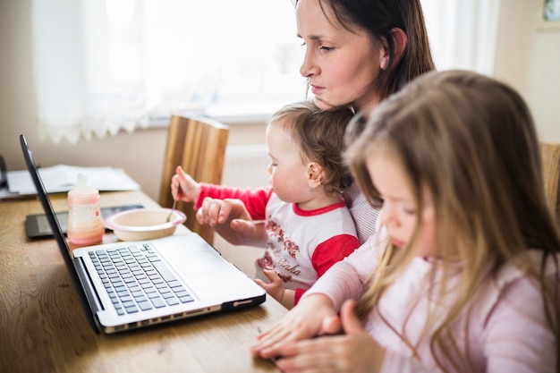 Mujer con sus dos hijas lindas que miran la computadora portátil