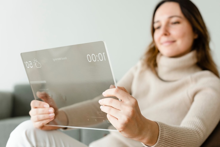 Foto gratuito mujer con tableta transparente en una tecnología innovadora de sofá