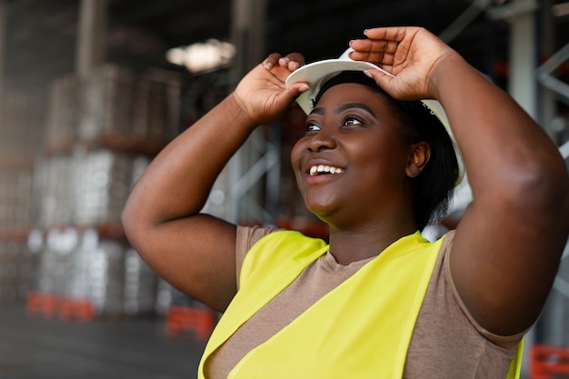 Mujer de talla grande de plano medio trabajando en la construcción