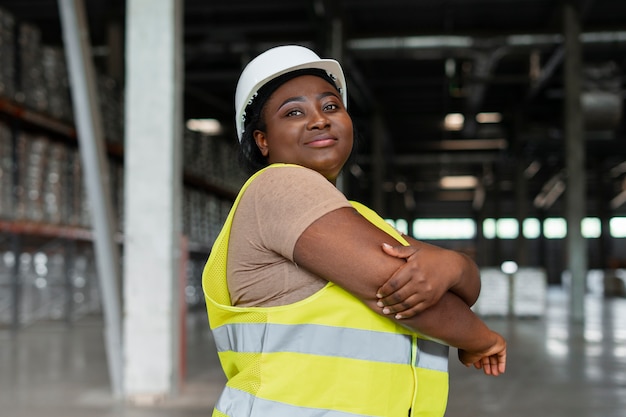 Mujer de talla grande de plano medio trabajando en la construcción