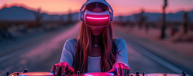 Foto gratuita mujer de talla media dj con gafas de realidad aumentada