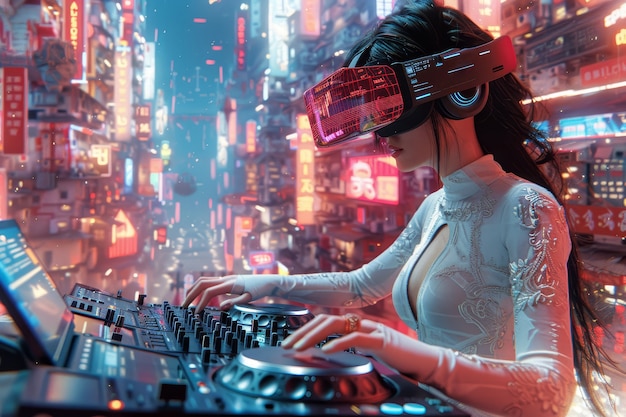 Foto gratuita mujer de talla media dj con gafas de realidad aumentada