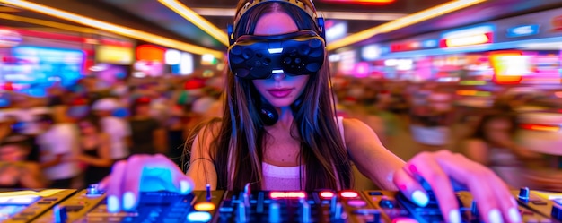 Mujer de talla media DJ con gafas de realidad aumentada