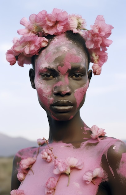 Mujer de talla media posando con flores