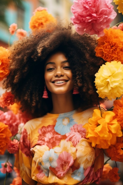 Mujer de talla media posando con flores