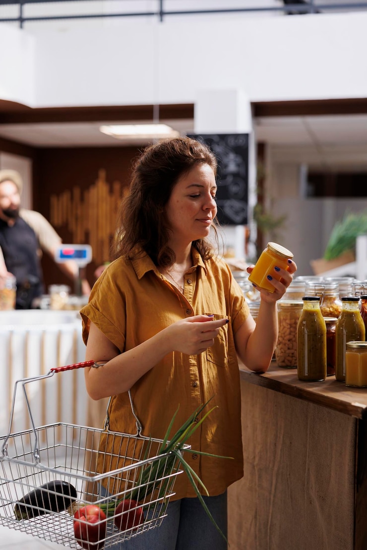 Foto gratuito una mujer en una tienda biológica local compra comida