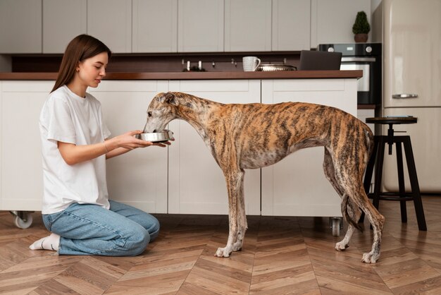 Foto gratuita mujer de tiro completo alimentando perro galgo