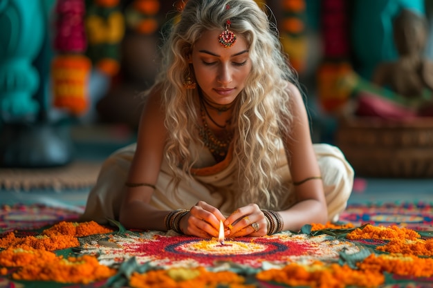 Foto gratuita mujer de tiro completo celebrando el año nuevo tamil