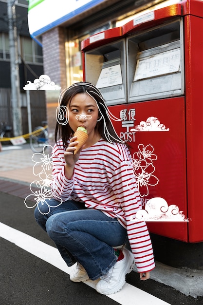 Mujer de tiro completo comiendo helado