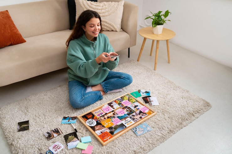 Foto gratuito mujer de tiro completo creando un tablero de visión inspirador