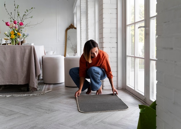 Mujer de tiro completo decorando la puerta de entrada