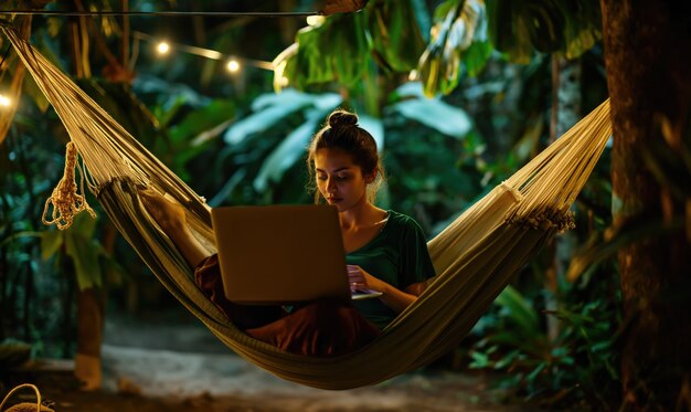 Mujer de tiro completo en hamaca trabajando