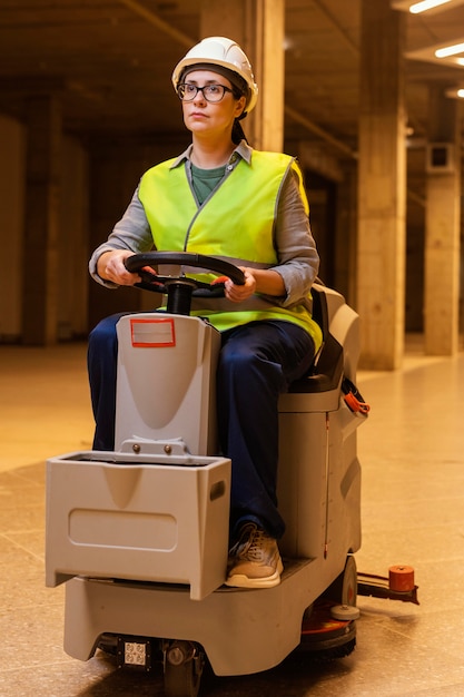 Foto gratuita mujer de tiro completo máquina de limpieza de piso de conducción