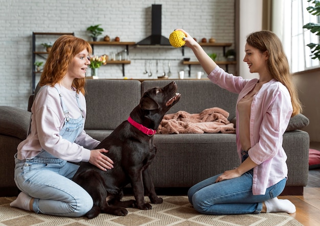 Foto gratuita mujer de tiro completo y perro jugando con juguete