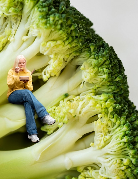 Mujer de tiro completo posando con brócoli