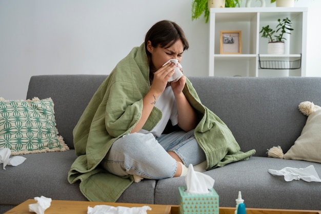 Foto gratuita mujer de tiro completo que sufre de alergia