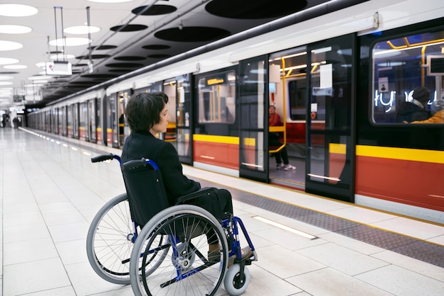 Mujer de tiro completo en silla de ruedas en la estación de metro