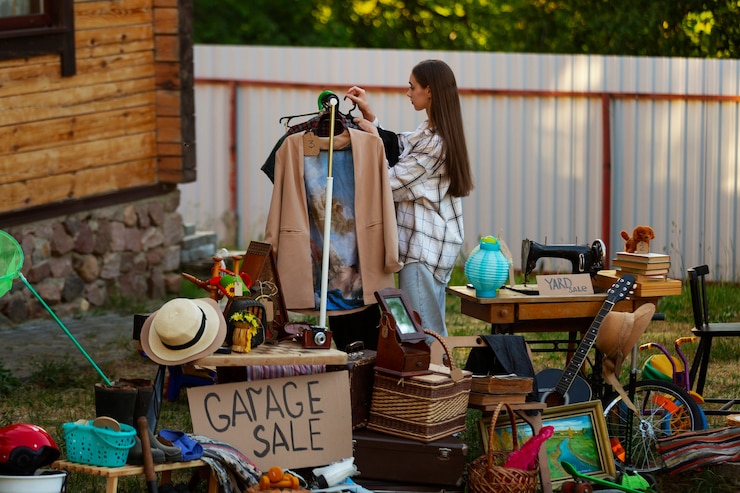 Foto gratuito mujer de tiro completo en venta de garaje