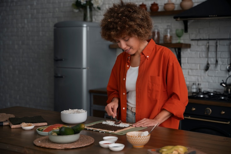 Foto gratuito mujer de tiro medio aprendiendo a hacer sushi