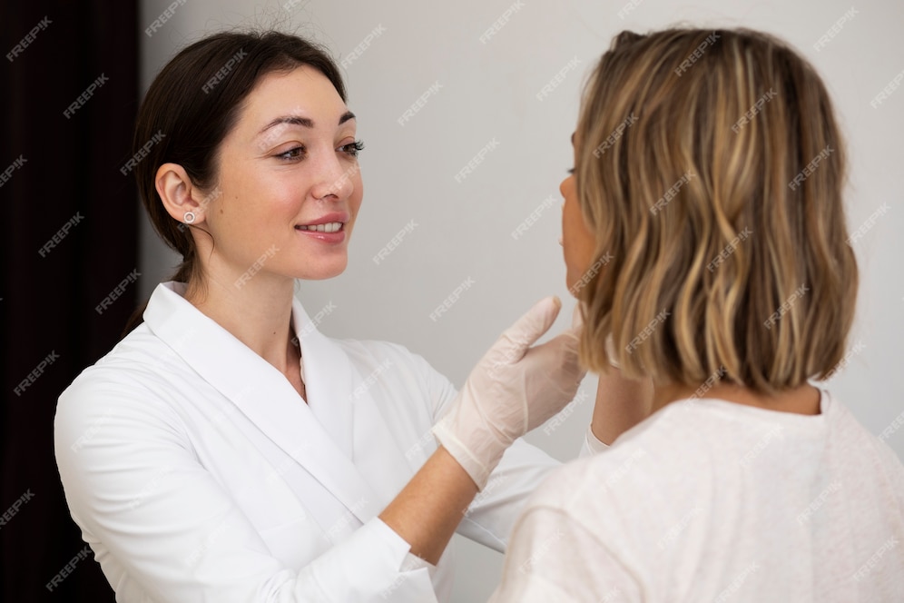 Foto gratuita mujer de tiro medio en la cita con el médico sonriente