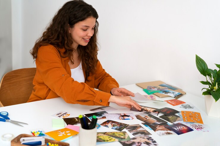 Foto gratuito mujer de tiro medio creando un tablero de visión inspirador