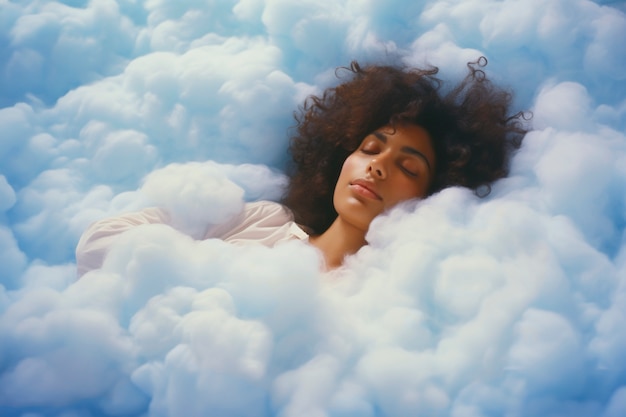 Foto gratuita mujer de tiro medio durmiendo en las nubes