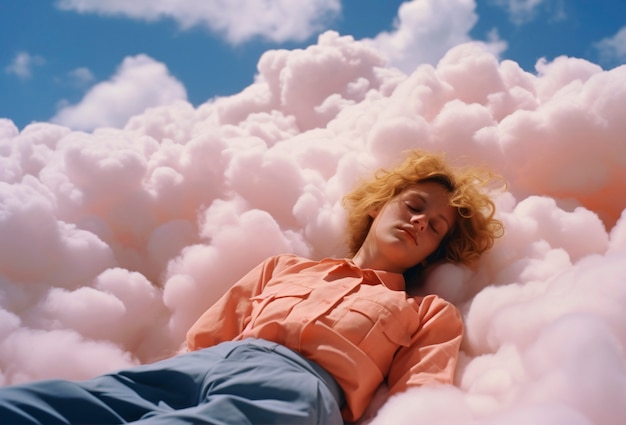 Mujer de tiro medio durmiendo en las nubes