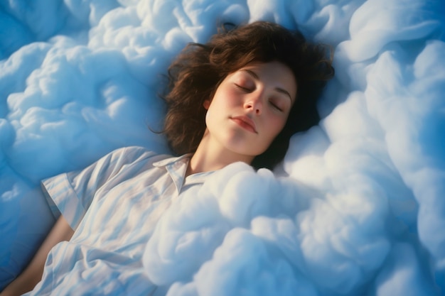 Mujer de tiro medio durmiendo en las nubes