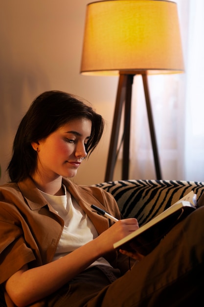 Mujer de tiro medio escribiendo en su diario